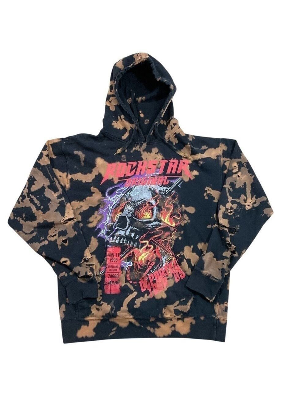 Rockstar Original Bleach Skull Hoodie sz Large Heavily Distressed Flame Graphic